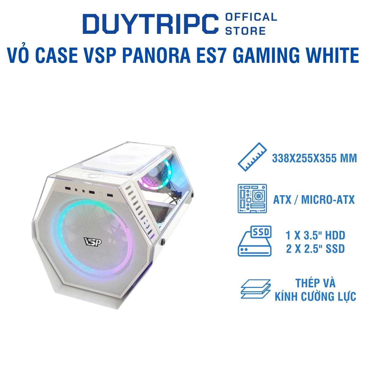 Vỏ Case VSP Panora ES7 Gaming White – Thiết Kế Panorama Kính Cong, Full Trắng Cao Cấp, Hỗ Trợ Tản Nhiệt Mạnh